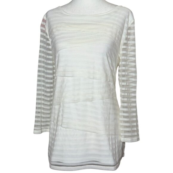 Dana Buchman Womens Size Large Blouse White Ruffle Striped Mesh 3/4 Sleeve Top - Picture 2 of 10